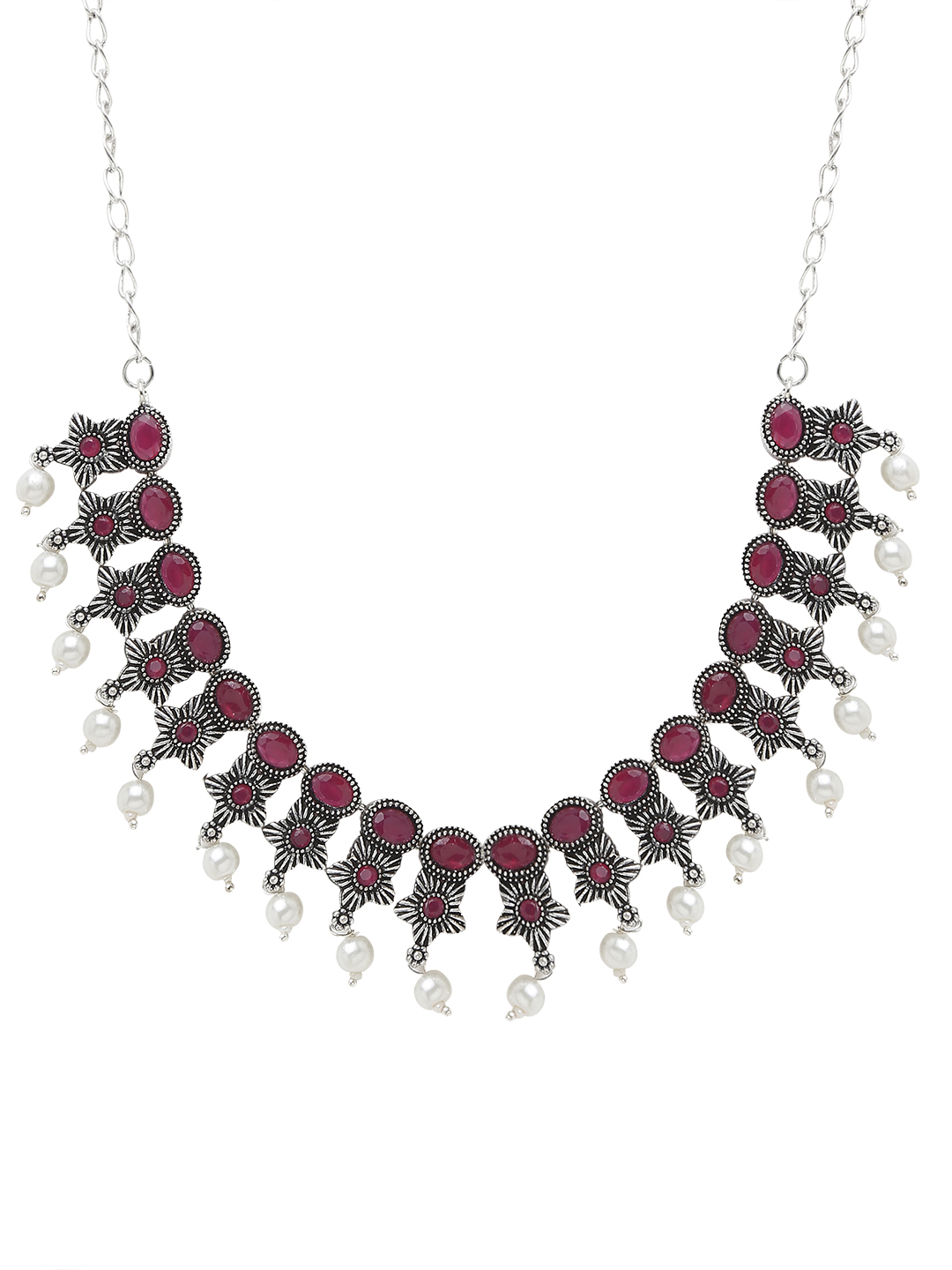 YouBella Jewellery Oxidised Silver Necklace Jewellery Set with Earrings for Girls and Women (Red) (YBNK_50523)